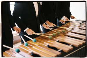 Close-up view of hands playing wooden marimba keys with mallets during a musical performance.