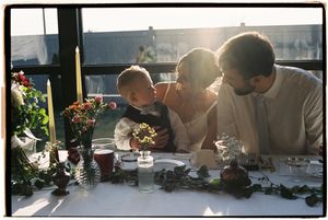 A series of panoramic photos showing people gathered by windows in what appears to be a dining or social setting.