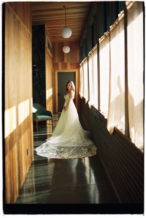 A sequence of photos showing a flowing white wedding dress train in a sunlit hallway with wooden floors.