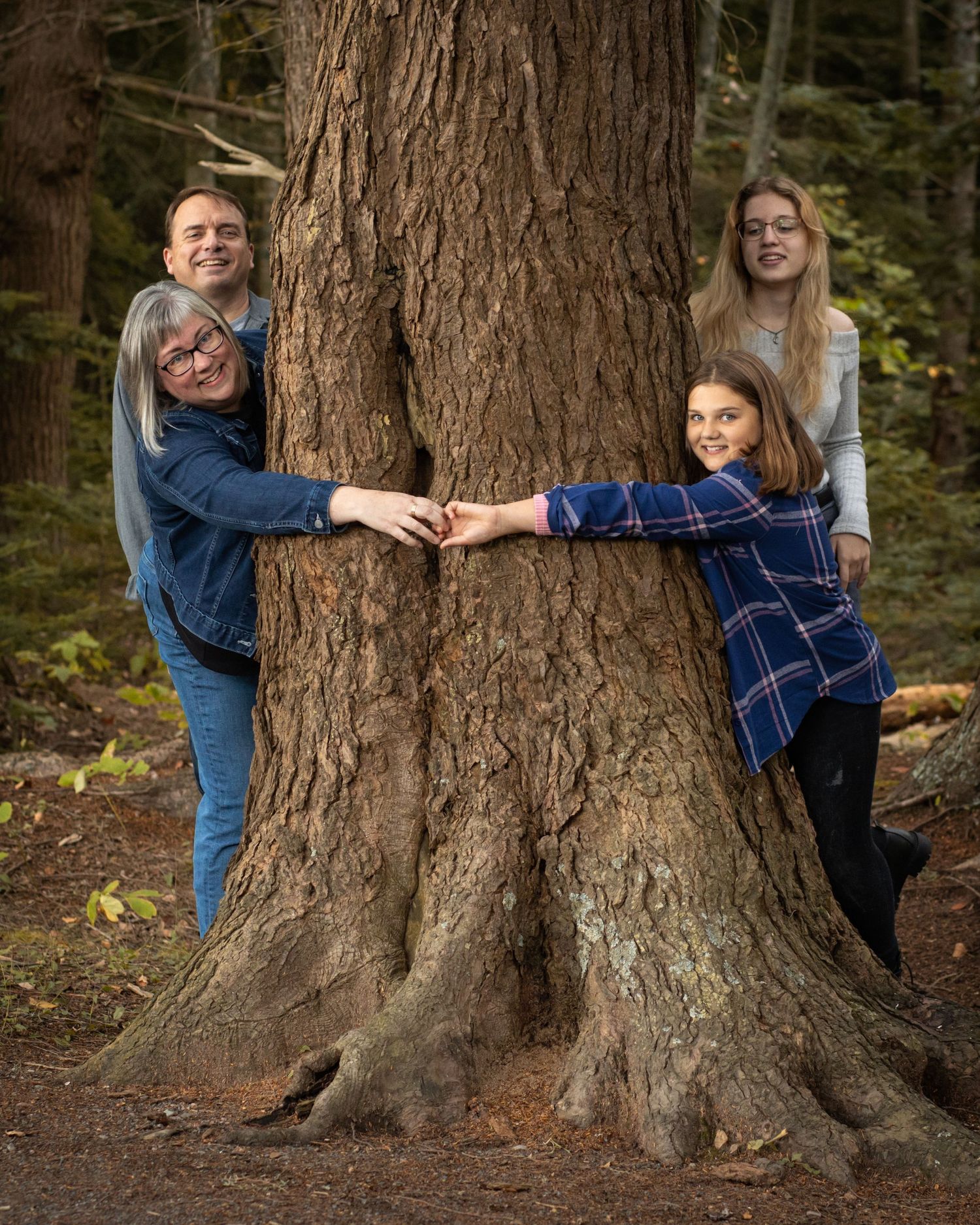 Family of four  having fun hugging a big tree during a portrait session.