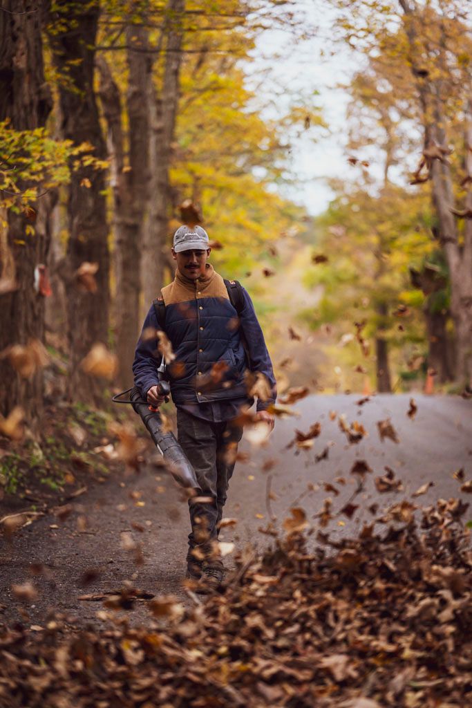 Person using leaf blower on autumn path surrounded by falling leaves and golden trees.