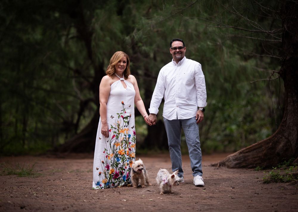 A couple walks their small dogs along a forest path on a sunny day.
