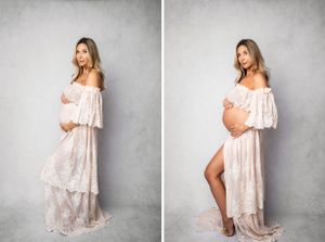 Studio maternity photos featuring an off-shoulder lace dress against neutral grey background.