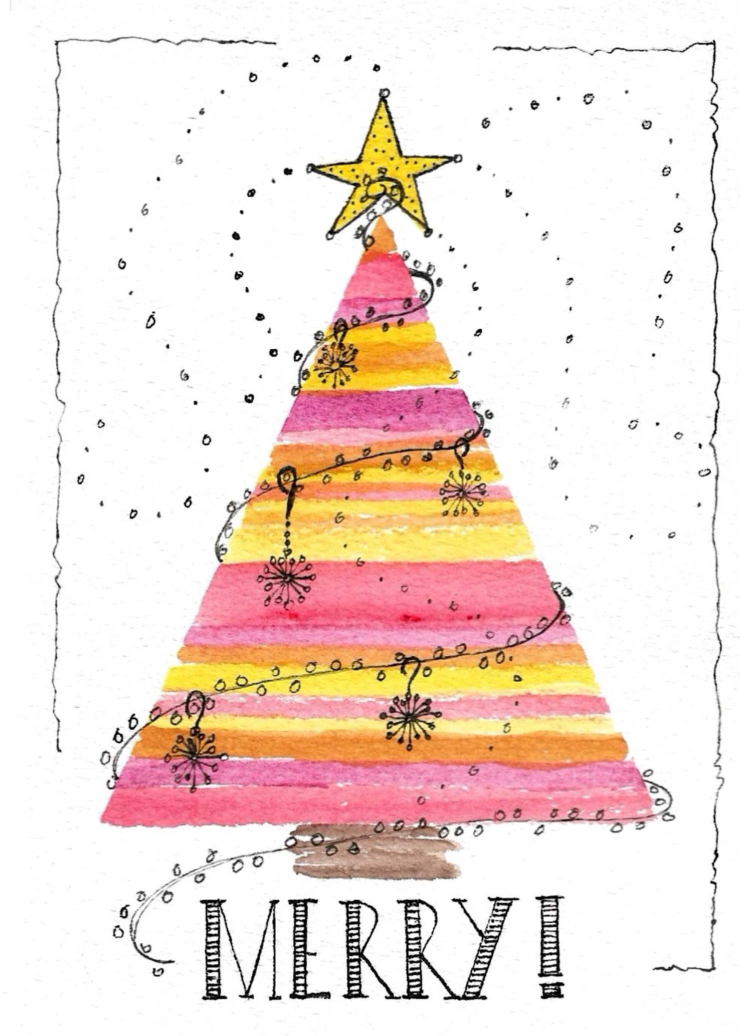Striped Christmas tree in pink and yellow watercolors with stars and Merry text.