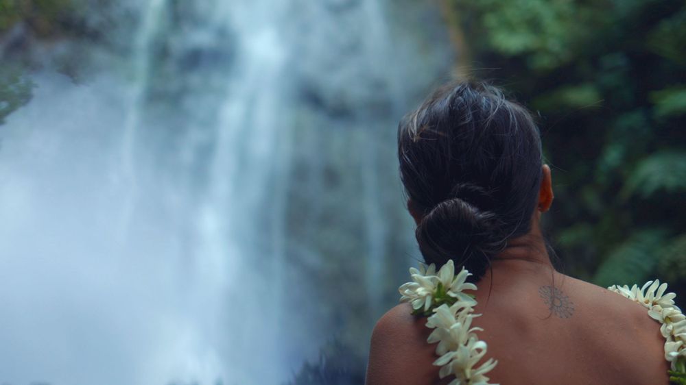 A person wearing a lei looks towards a misty waterfall in a lush tropical setting.