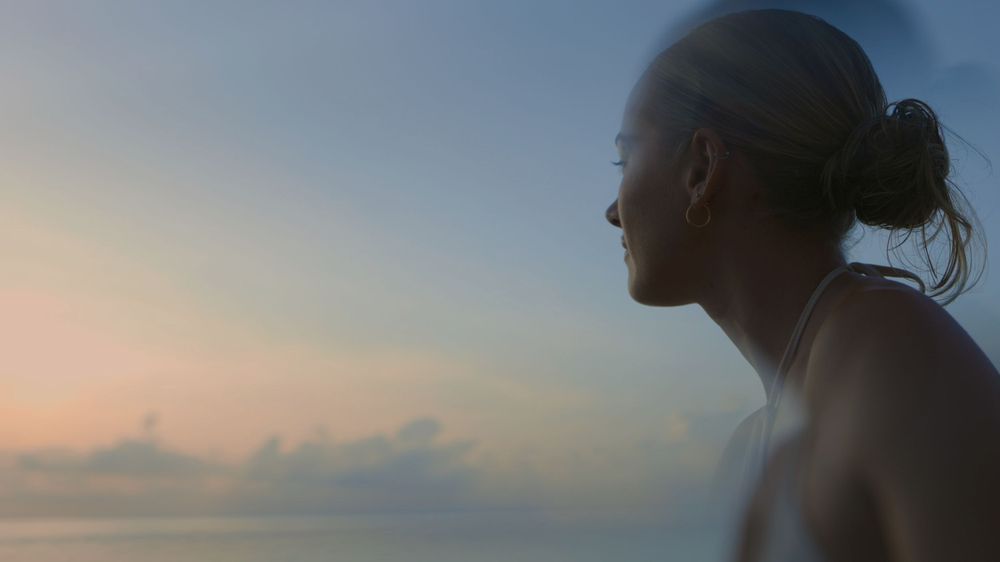 Silhouette against a soft sunset sky over the ocean, bathed in warm evening light.