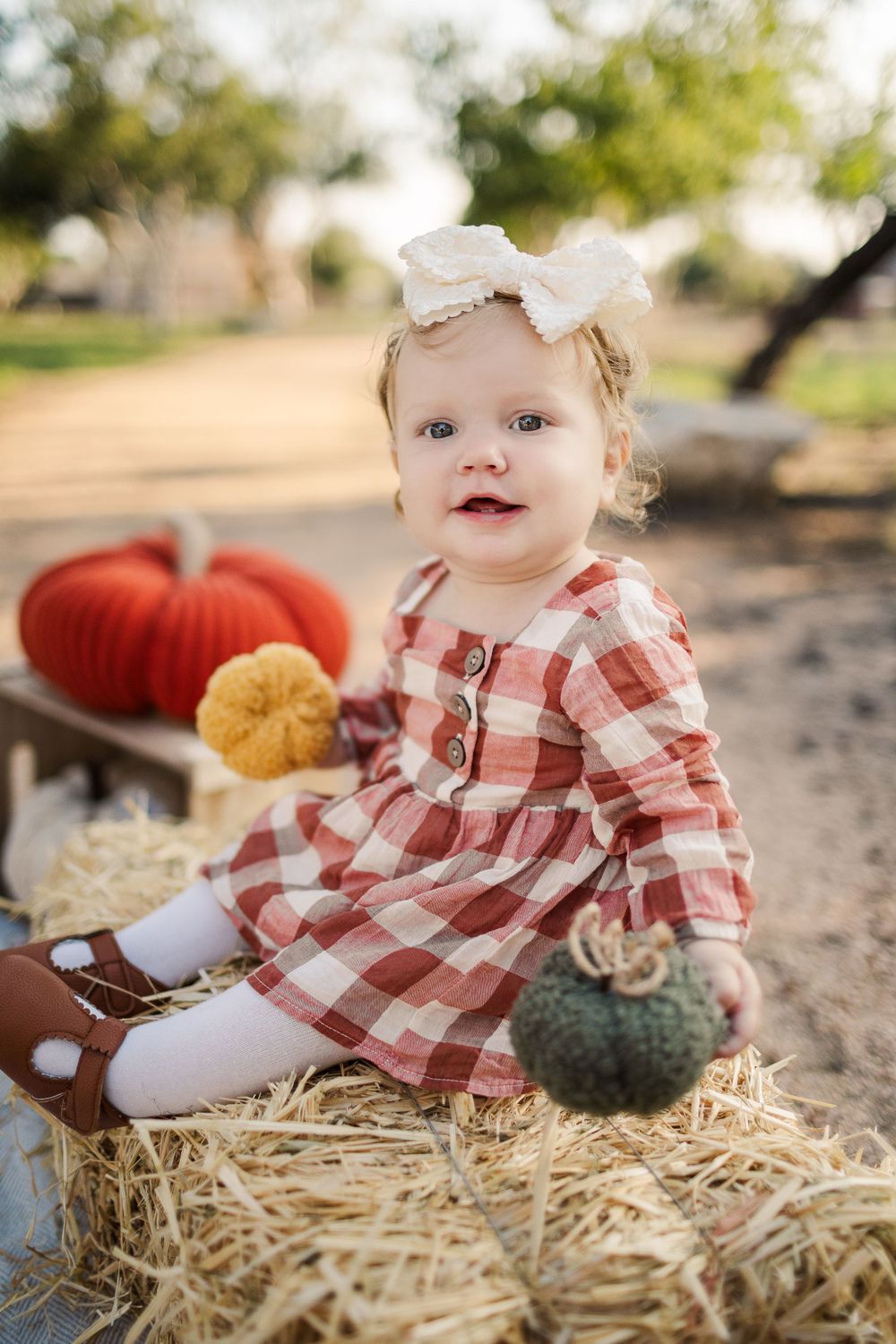 Fall photo setup features plaid dress, pumpkins and hay bale in rustic outdoor setting.