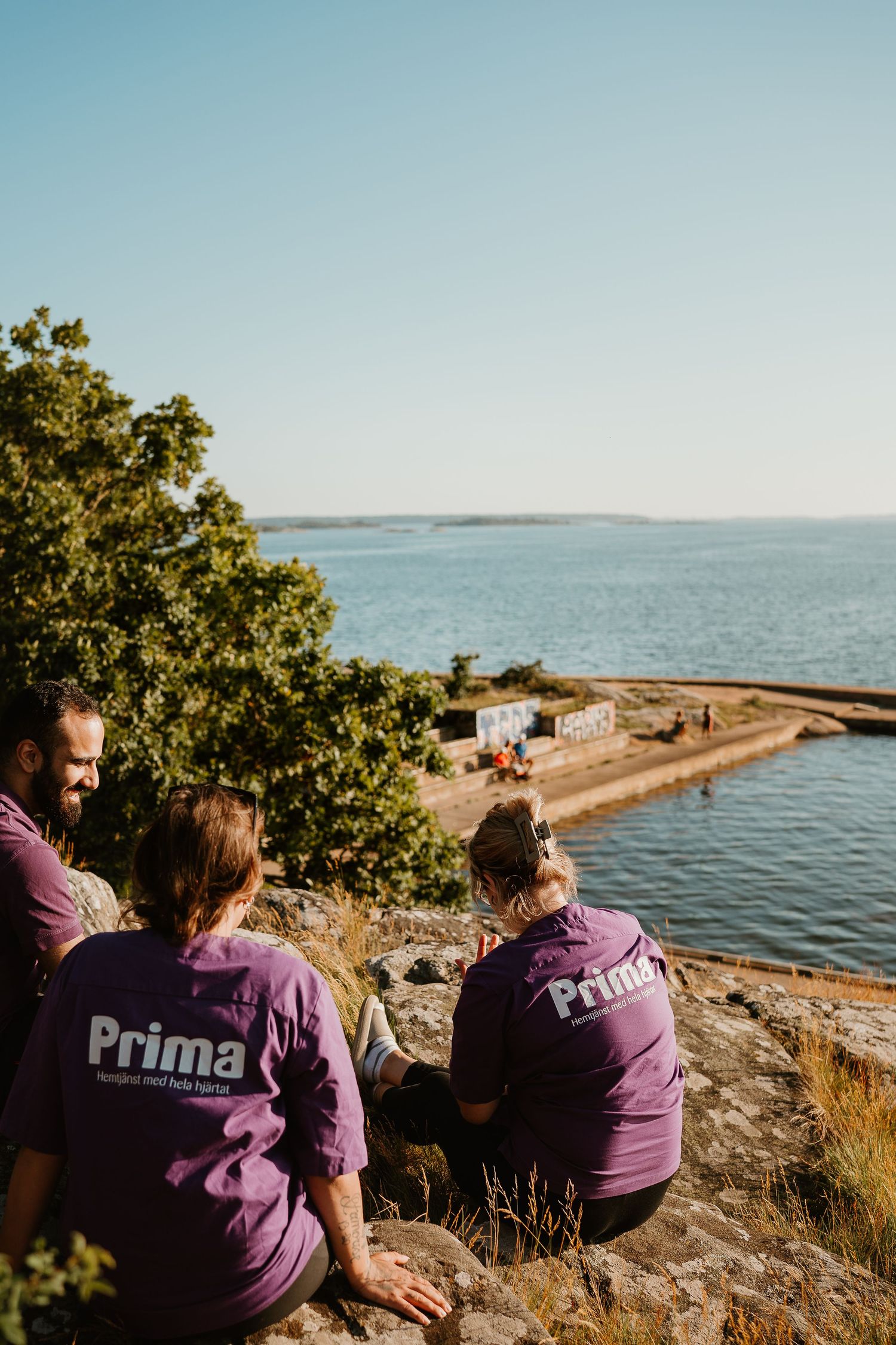 Three Prima staff members in purple shirts sitting on rocky overlook with ocean view.