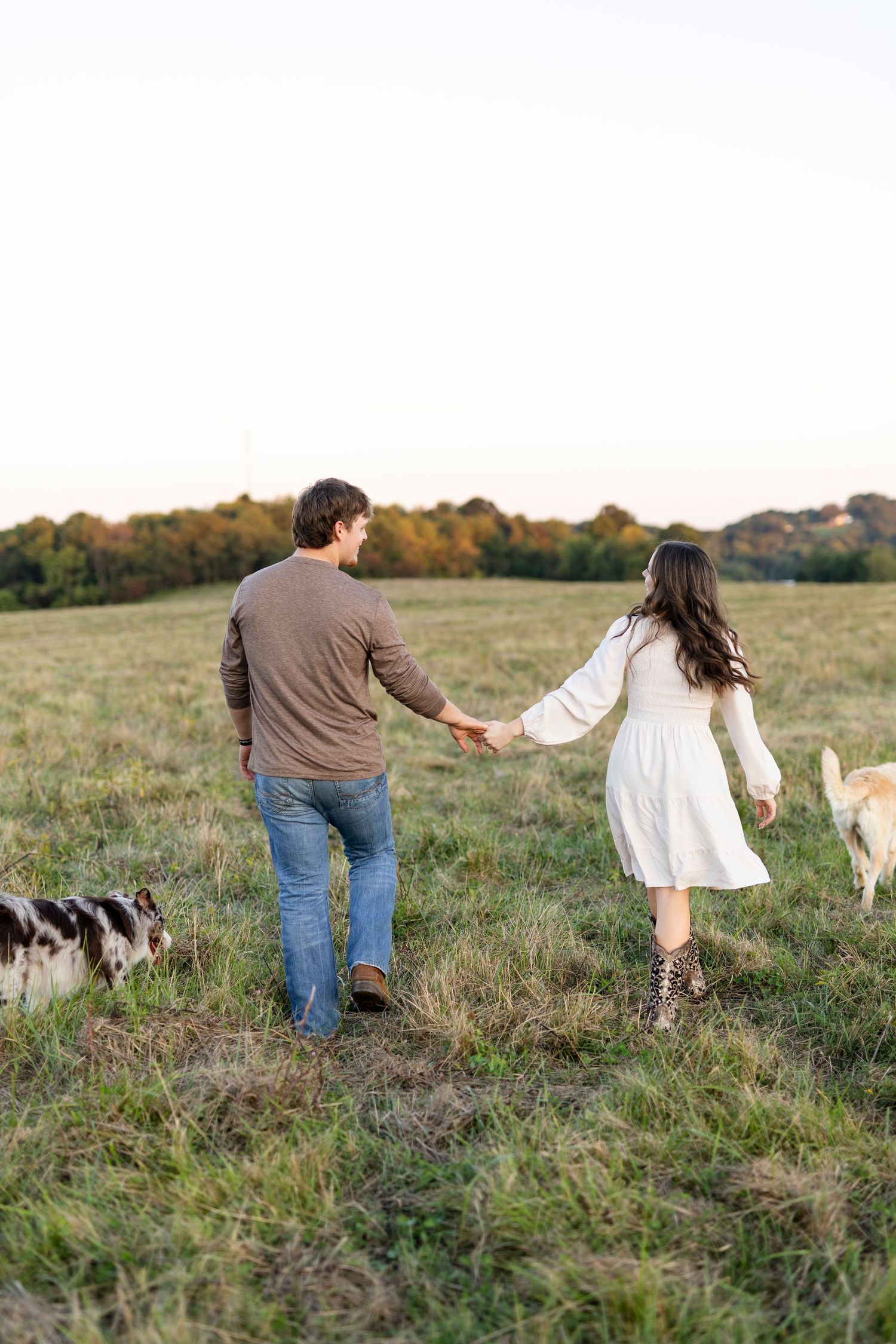 A couple walks hand in hand through a grassy field at sunset with two dogs running alongside them.