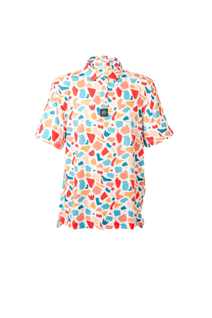 Colorful patterned short-sleeve button-up shirt with coral and turquoise geometric design.