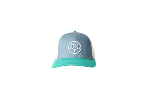 Series of pastel blue and mint colored baseball caps with embroidered logos.
