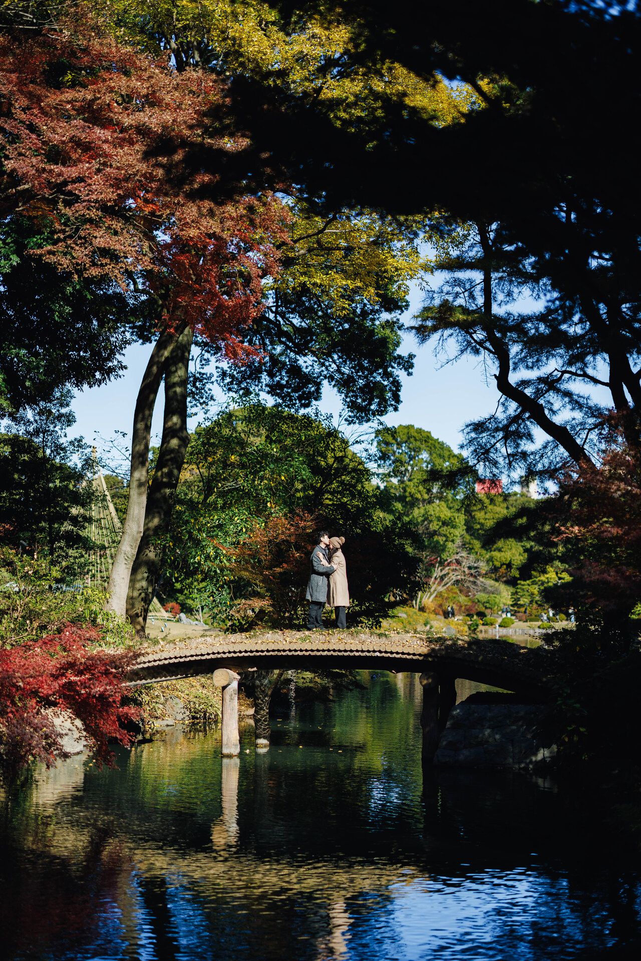Autumn scene of Japanese garden bridge with fall foliage and reflective pond.