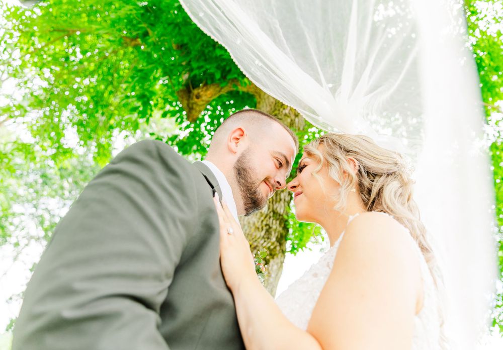 Sunlit wedding portrait with flowing veil against green foliage backdrop.