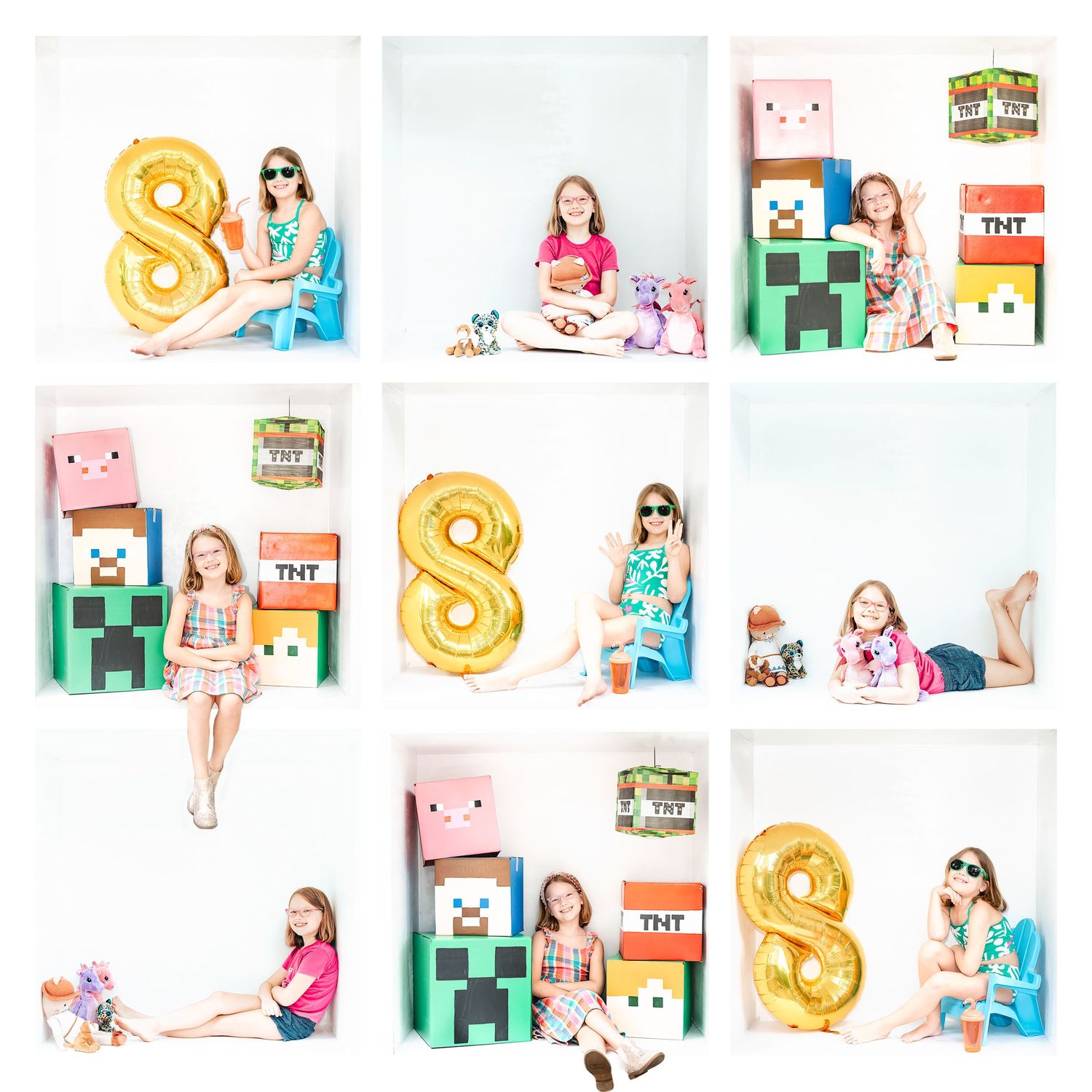 Birthday photoshoot collage with gold number 8 balloon, pink toys, and playful poses on white background.