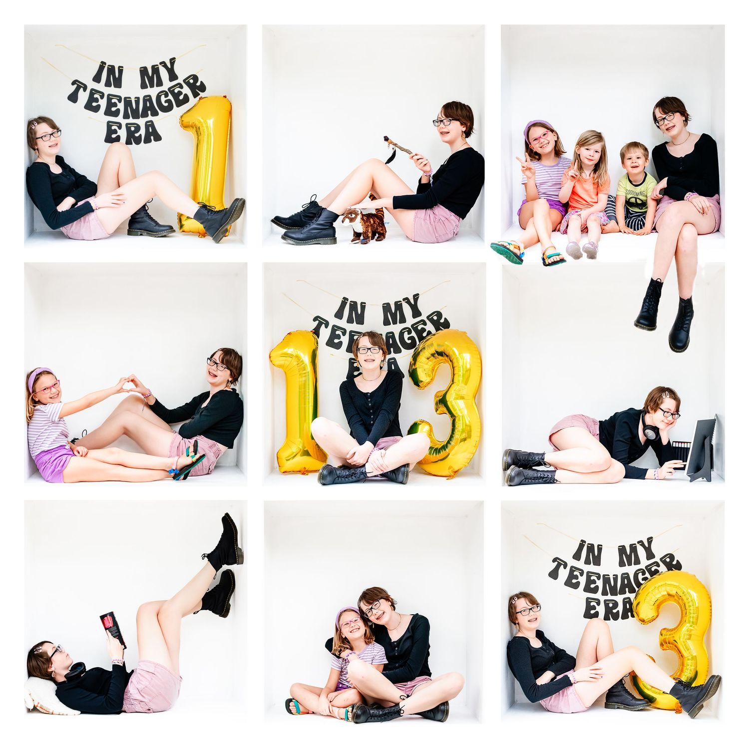 Candid photo collage featuring gold number 1 balloon and casual poses on white background.