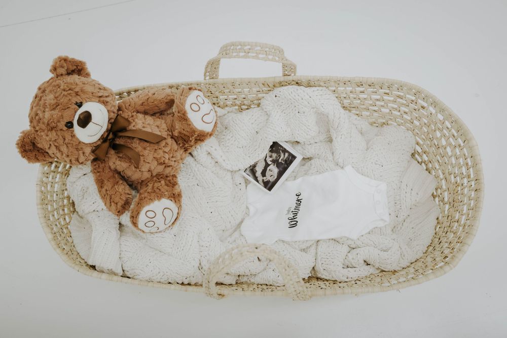 Brown teddy bear and baby items arranged in woven bassinet.