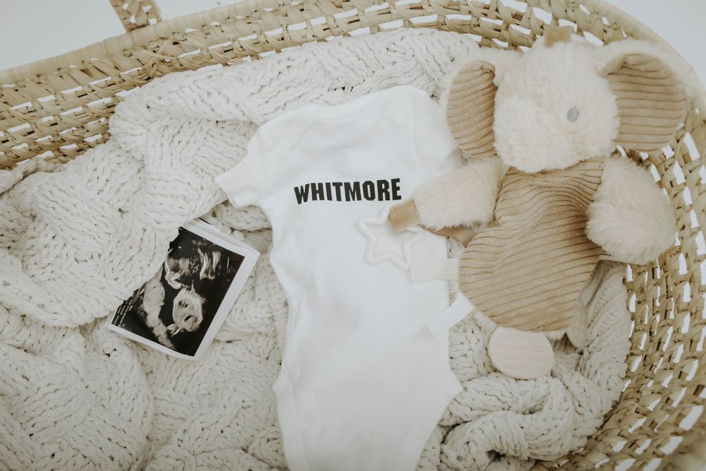 Baby onesie and sonogram displayed with plush toys on woven mat.