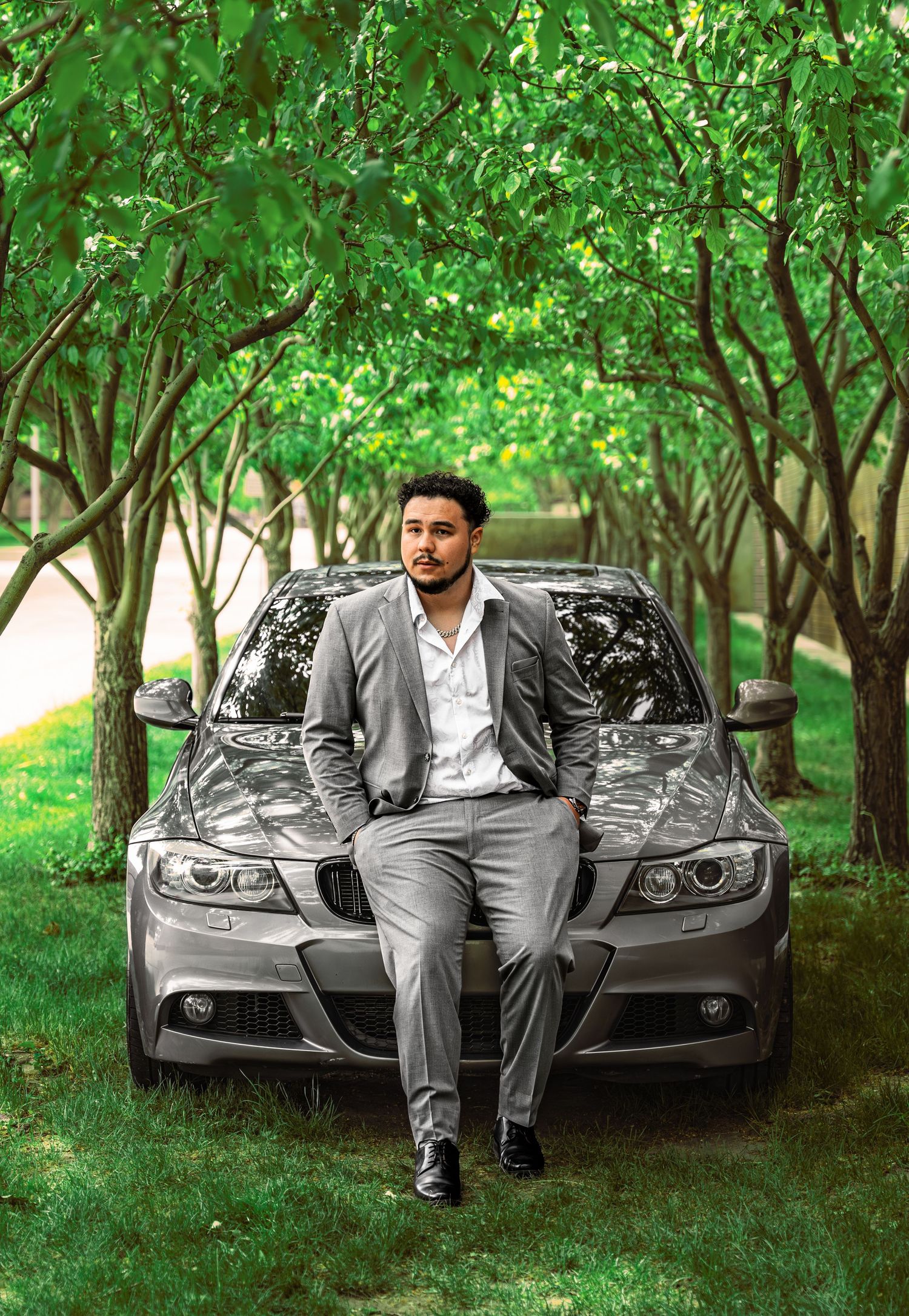 A silver BMW sits parked on grass under a canopy of green trees with someone leaning on its hood.
