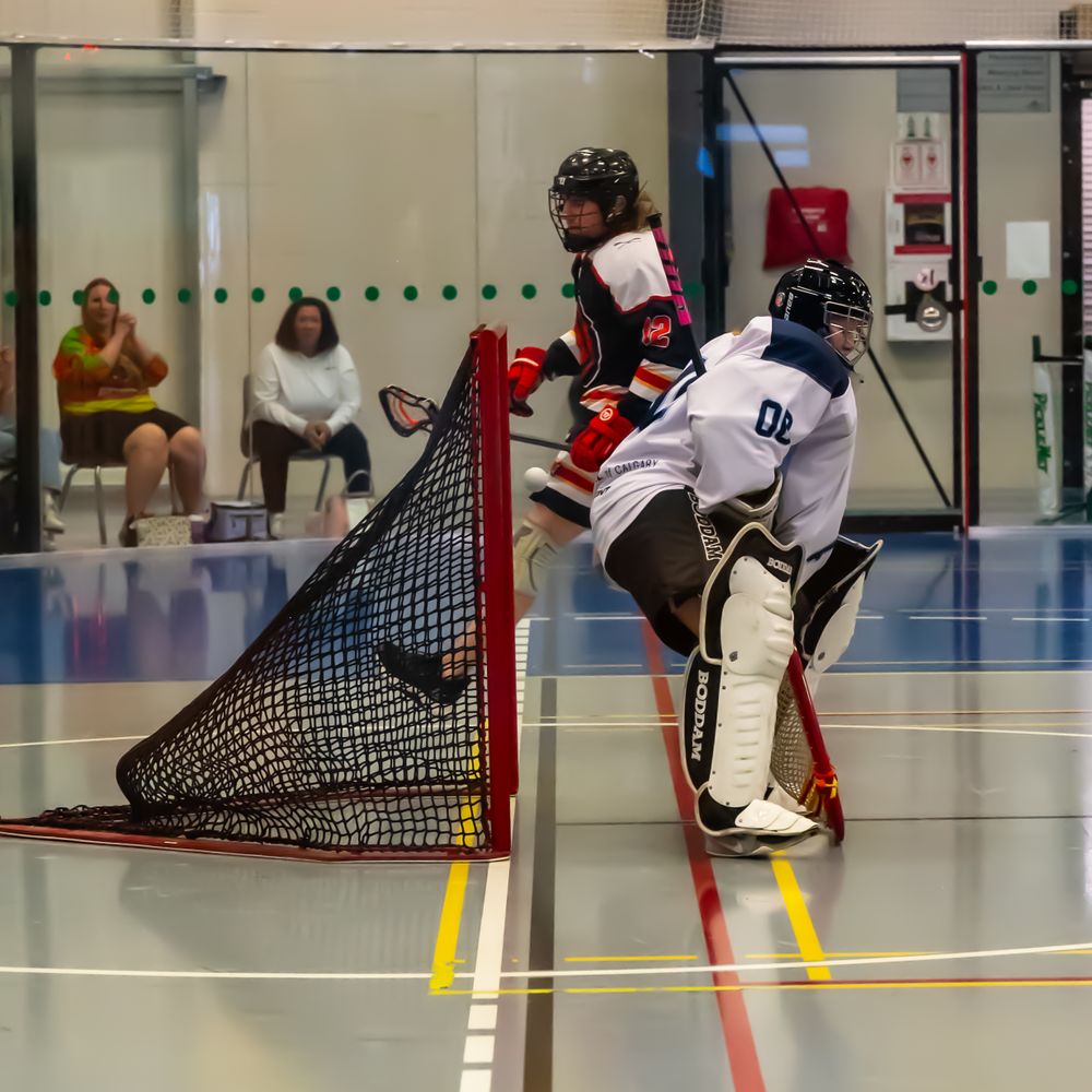 A box lacrosse goalie protects the goal during an indoor match.