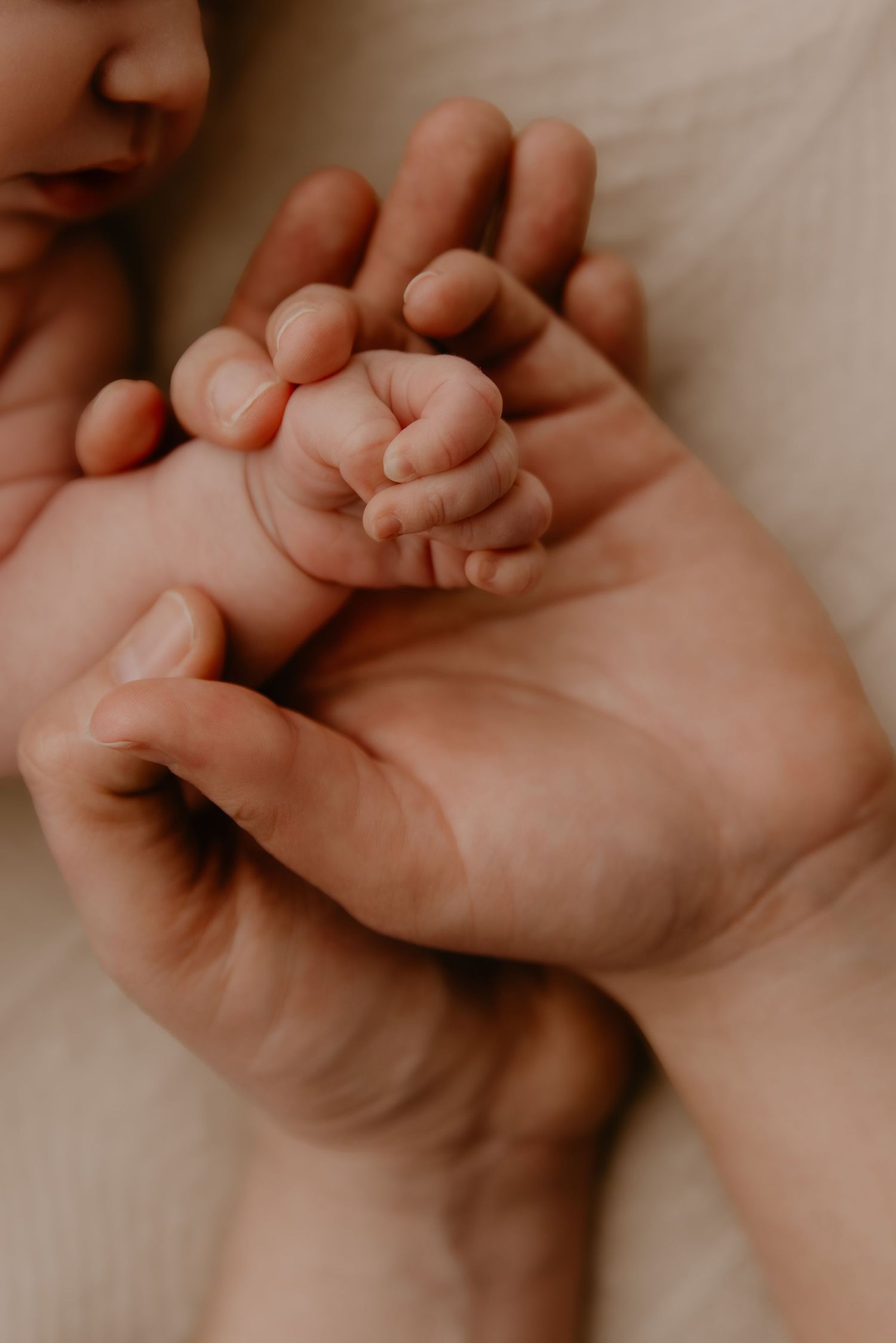 A sleeping swaddled newborn wearing a delicate lace headband rests peacefully in someone's arms on a textured blanket.