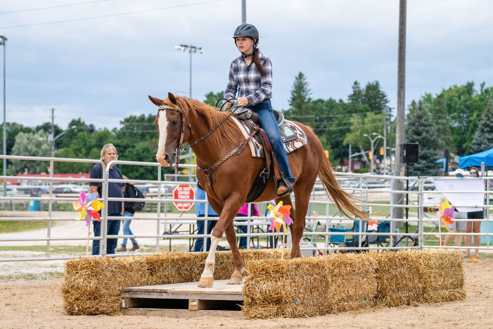 Rider navigates horse over a bridge with hay bales in an outdoor arena course.