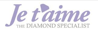 Purple text logo reading 'Je t'aime The Diamond Specialist' with heart symbol above letter 't'.