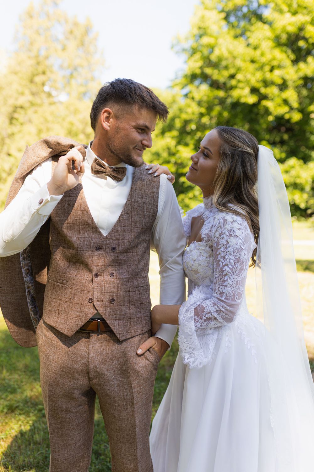 just married couple looking at each other