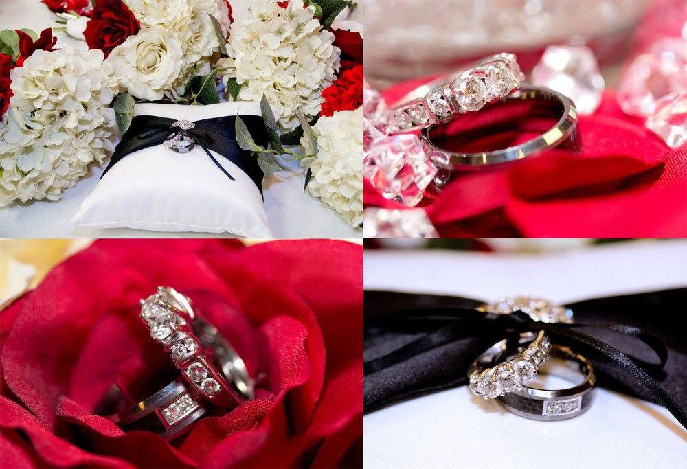 Wedding rings displayed on red and white roses with elegant floral arrangements.
Wedding photography
