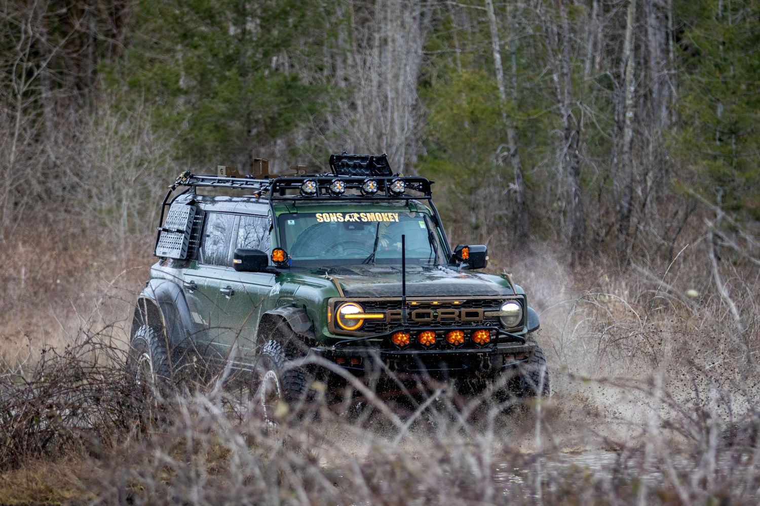Off-road vehicle in mountain landscape with snow-capped peaks and bare winter trees.