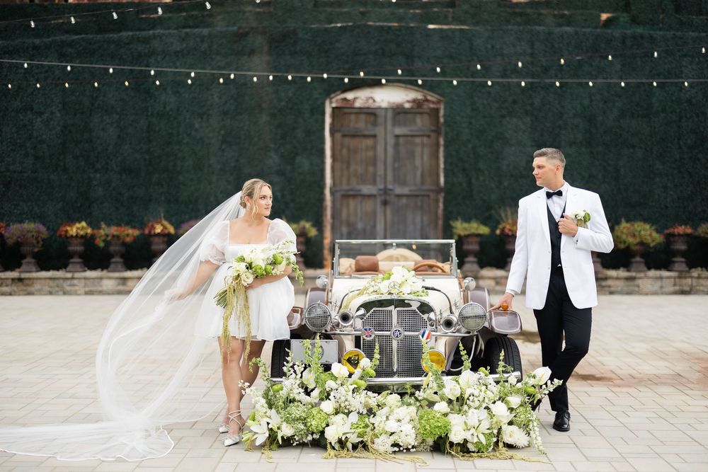 A collage of wedding photos showing white floral arrangements and a veil gently blowing in the wind at an outdoor venue.