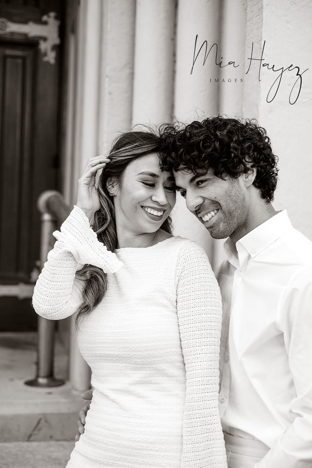 Black and white romantic portraits featuring cozy white sweaters.