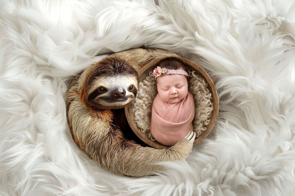 Adorable newborn baby swaddled in pink wrap sleeping beside a friendly sloth in a cozy wooden bowl.