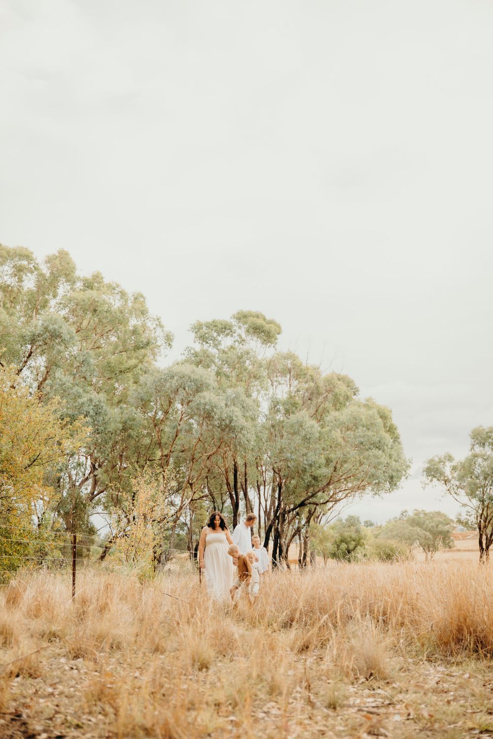Two women in white dresses walking through dry golden grass field surrounded by eucalyptus trees.