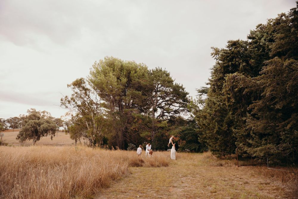 Family walking through golden grass field toward large trees under cloudy sky.