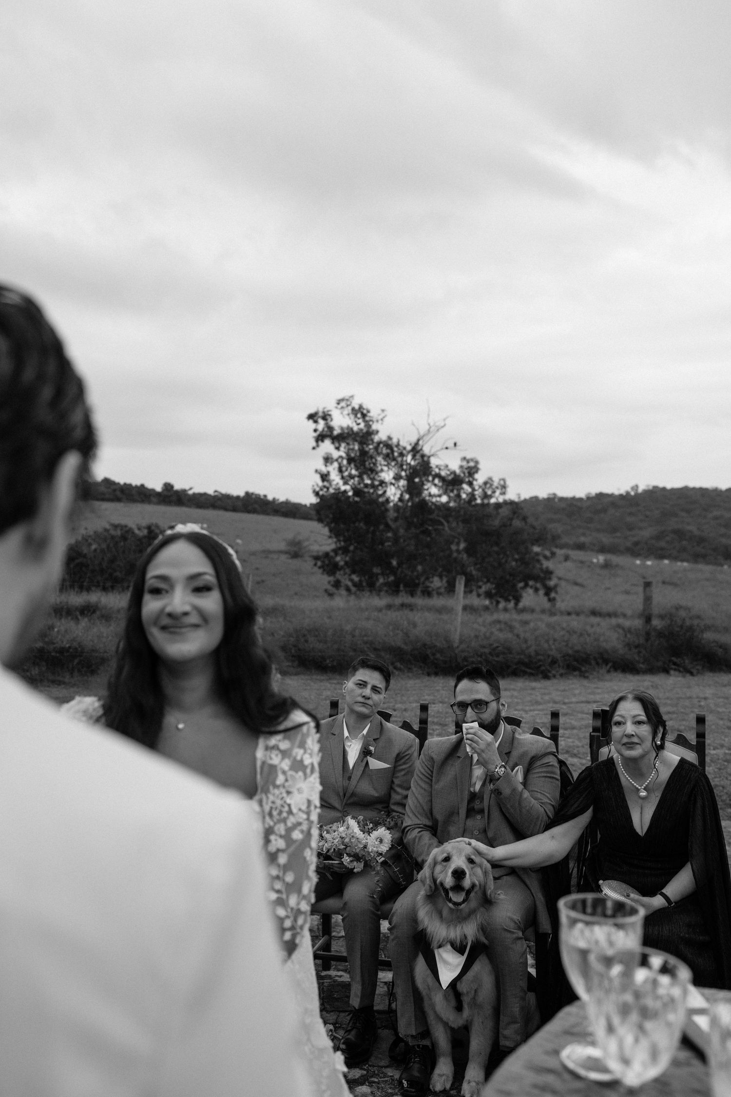 Black and white outdoor wedding ceremony with smiling bride, seated guests, and a golden retriever dog in a bow tie.