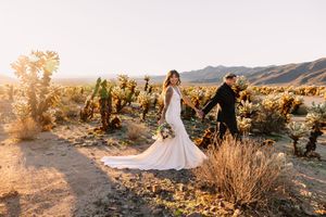 Bride and groom walk hand-in-hand through a desert landscape at golden hour, surrounded by cacti and mountains.