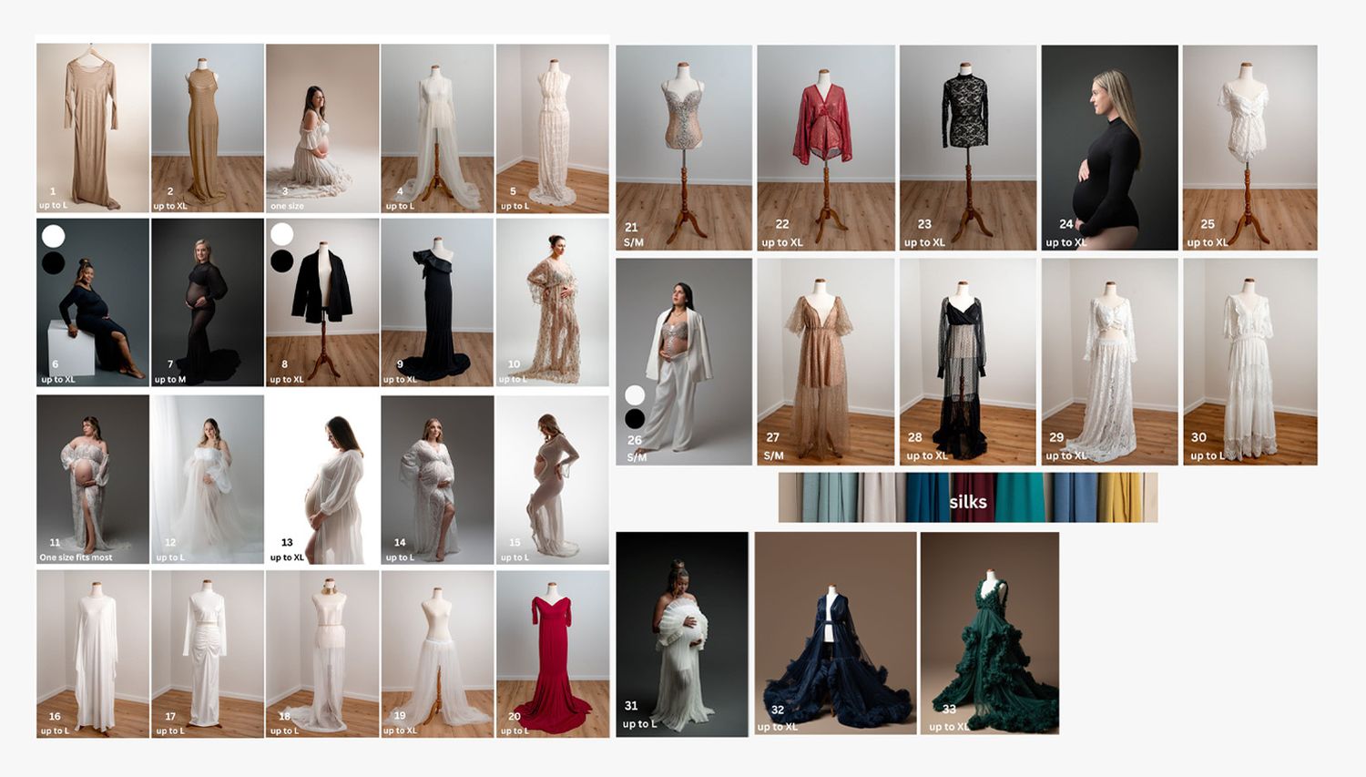 A collage of elegant designer gowns and dresses displayed on models and mannequins in various styles and colors.