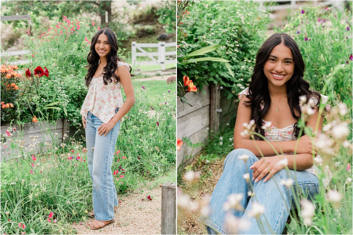 What to wear for senior photos: floral tank and jeans styled for a beautiful garden senior session at Madonna Inn Gardens.