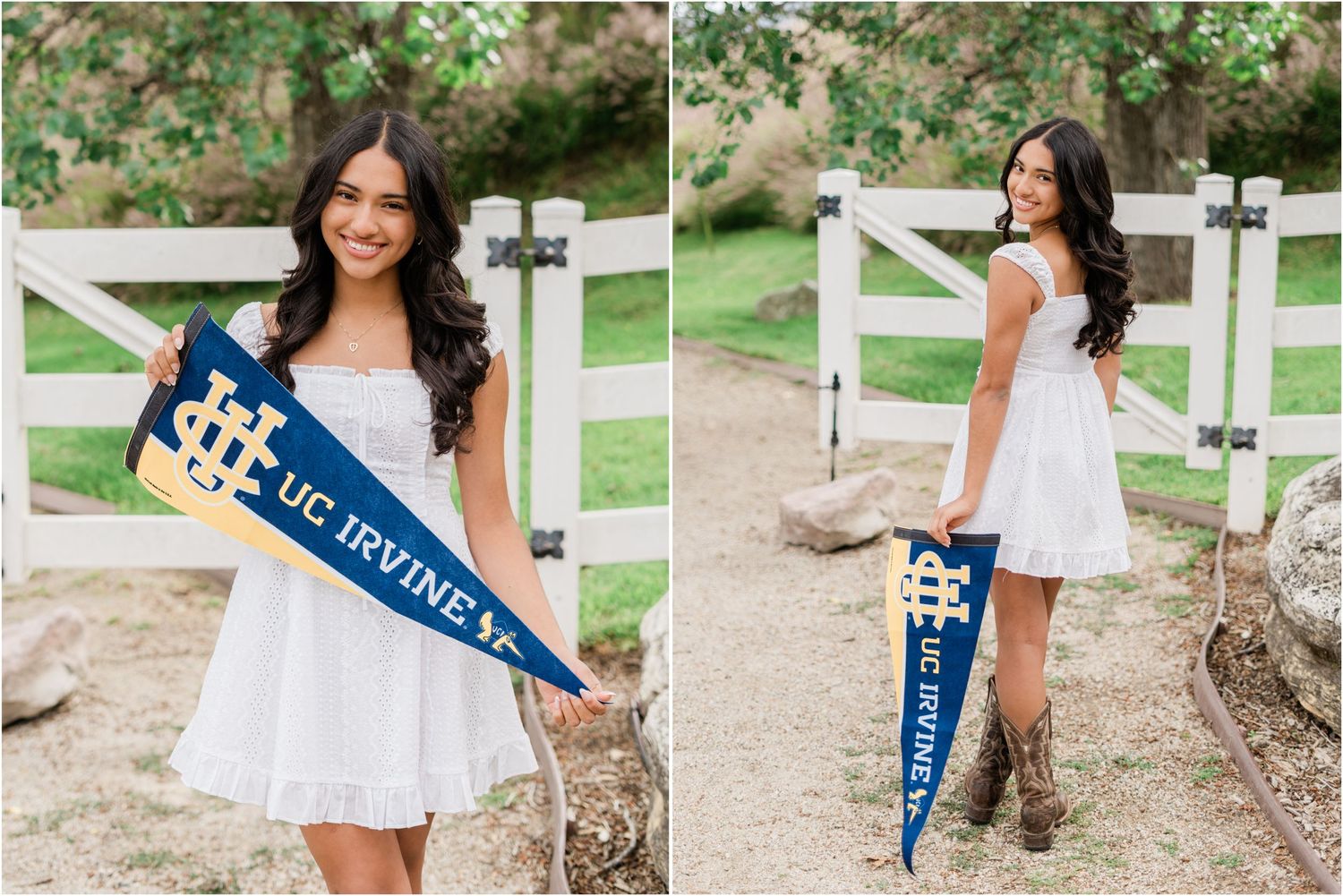 High school senior in a white dress and brown boots at Madonna Inn Gardens during a San Luis Obispo senior photo session.