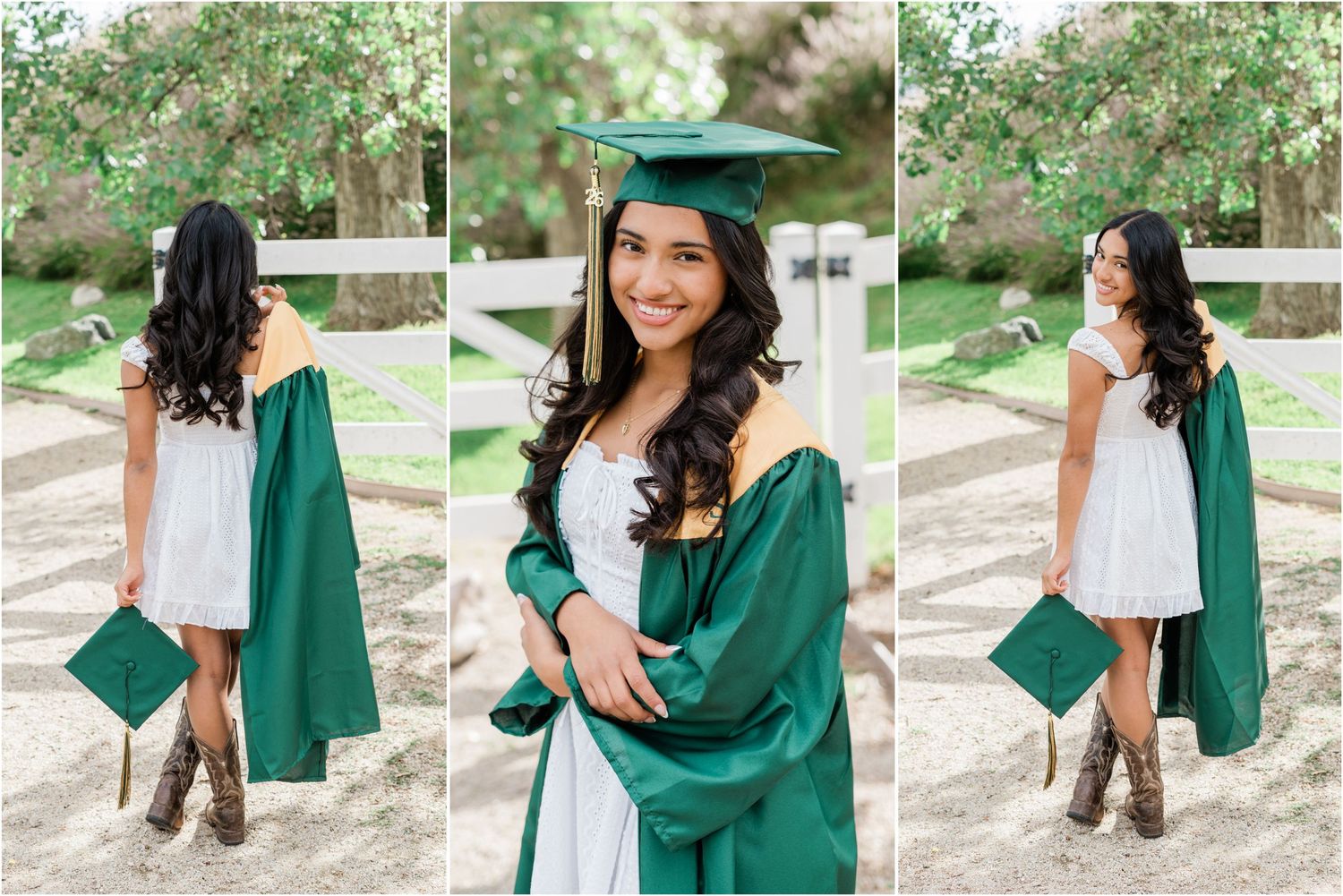 White dress and brown boots create a timeless look for senior photos at Madonna Inn Gardens in San Luis Obispo for cap & gown senior photos