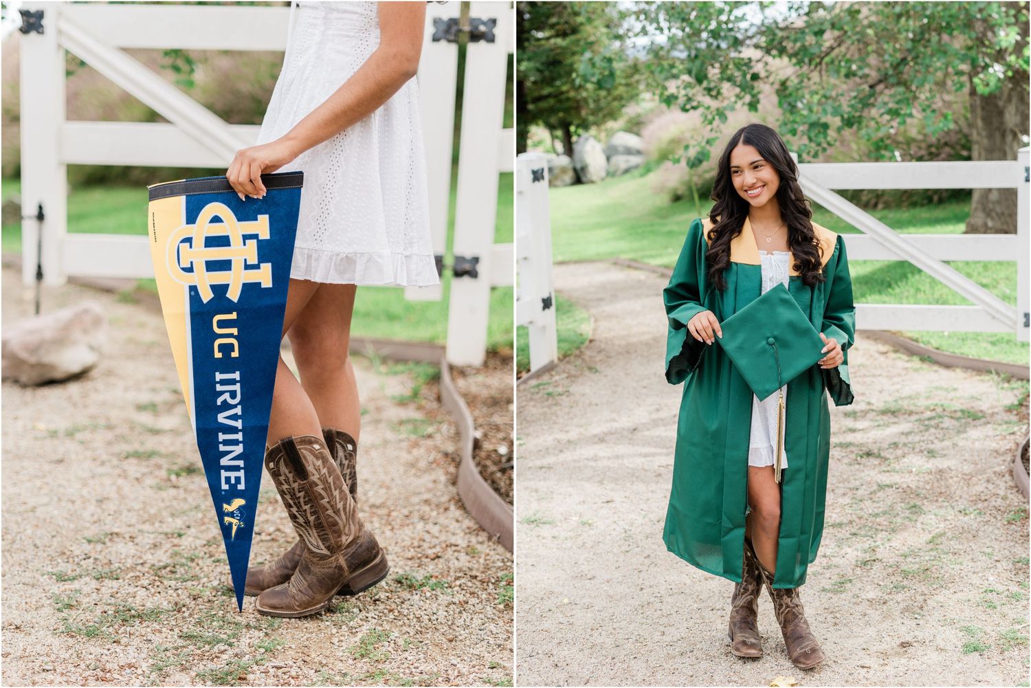 Senior photo session at Madonna Inn Gardens with a SLO senior photographer featuring a UC Irvine pennant and garden paths.