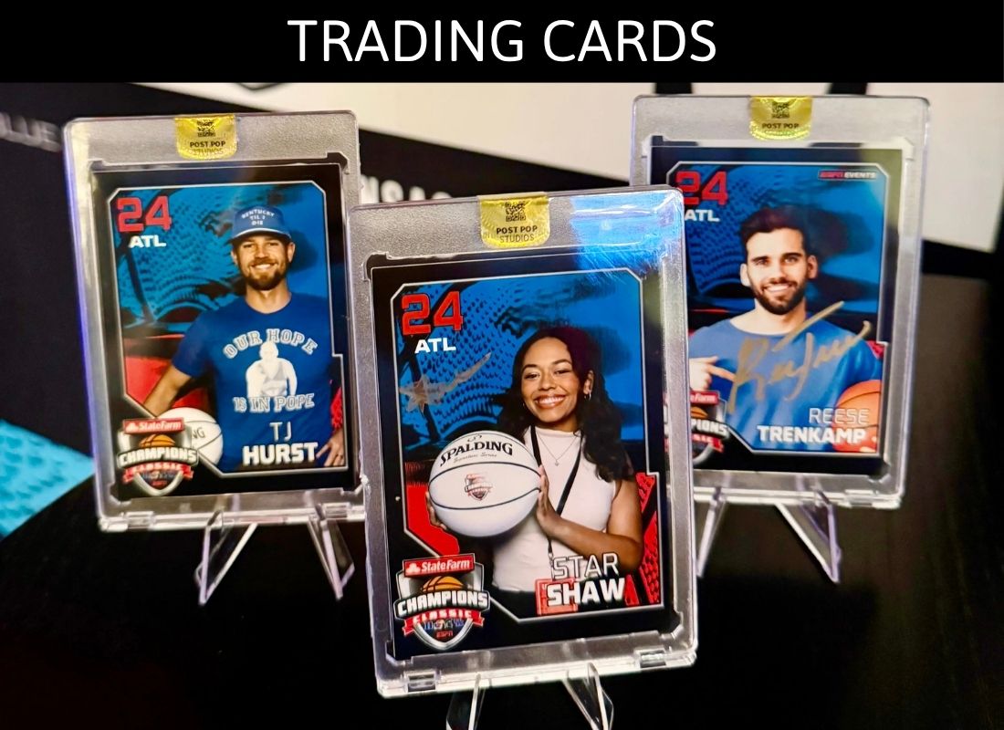 Three colorful custom trading cards featuring ATL players Hurst, Shaw, and Tremblay displayed in card holders.