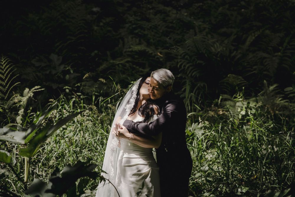 Bride and groom share tender embrace surrounded by lush green ferns in forest setting.