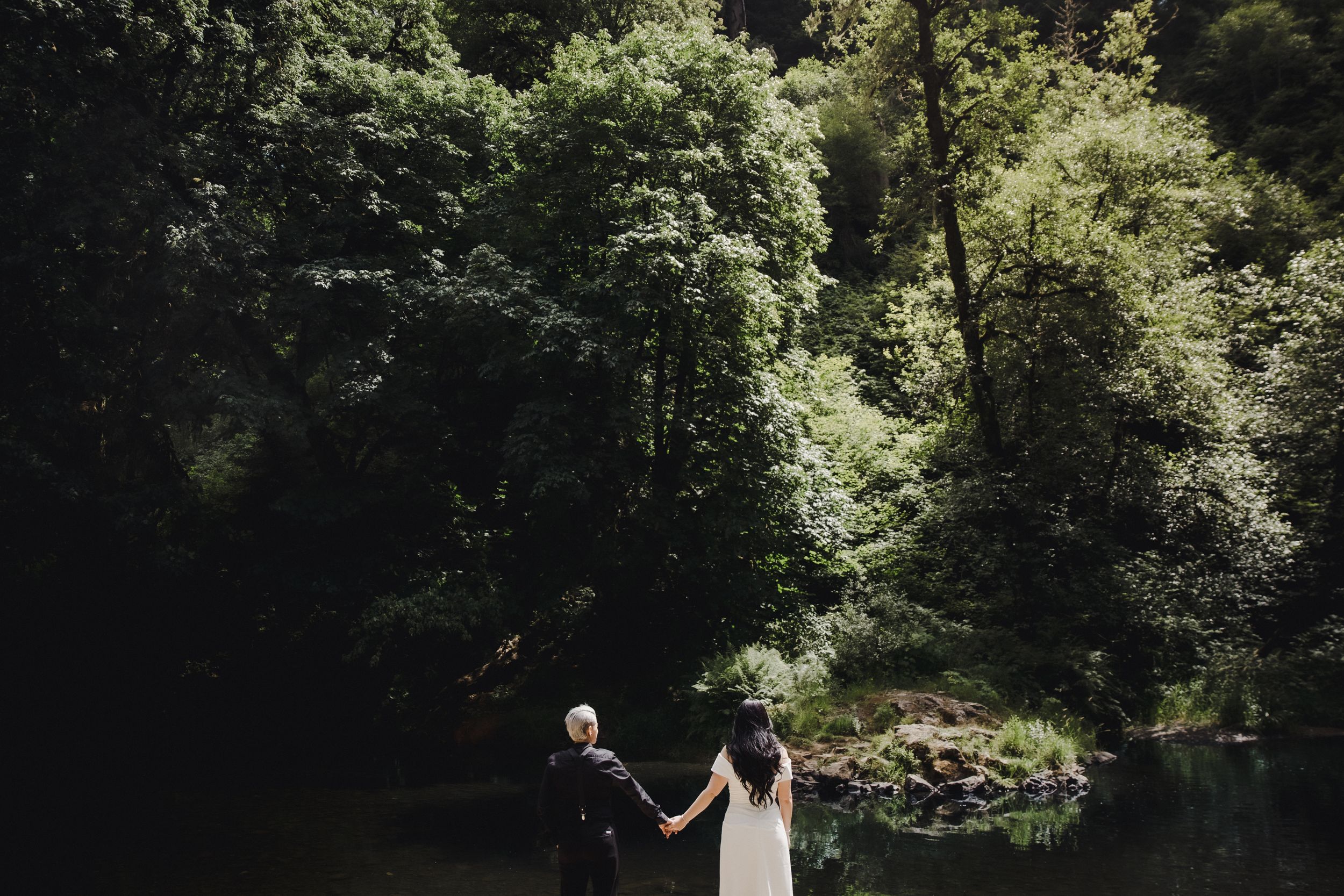 Bride and groom hold hands facing lush green forest beside tranquil river on wedding day.