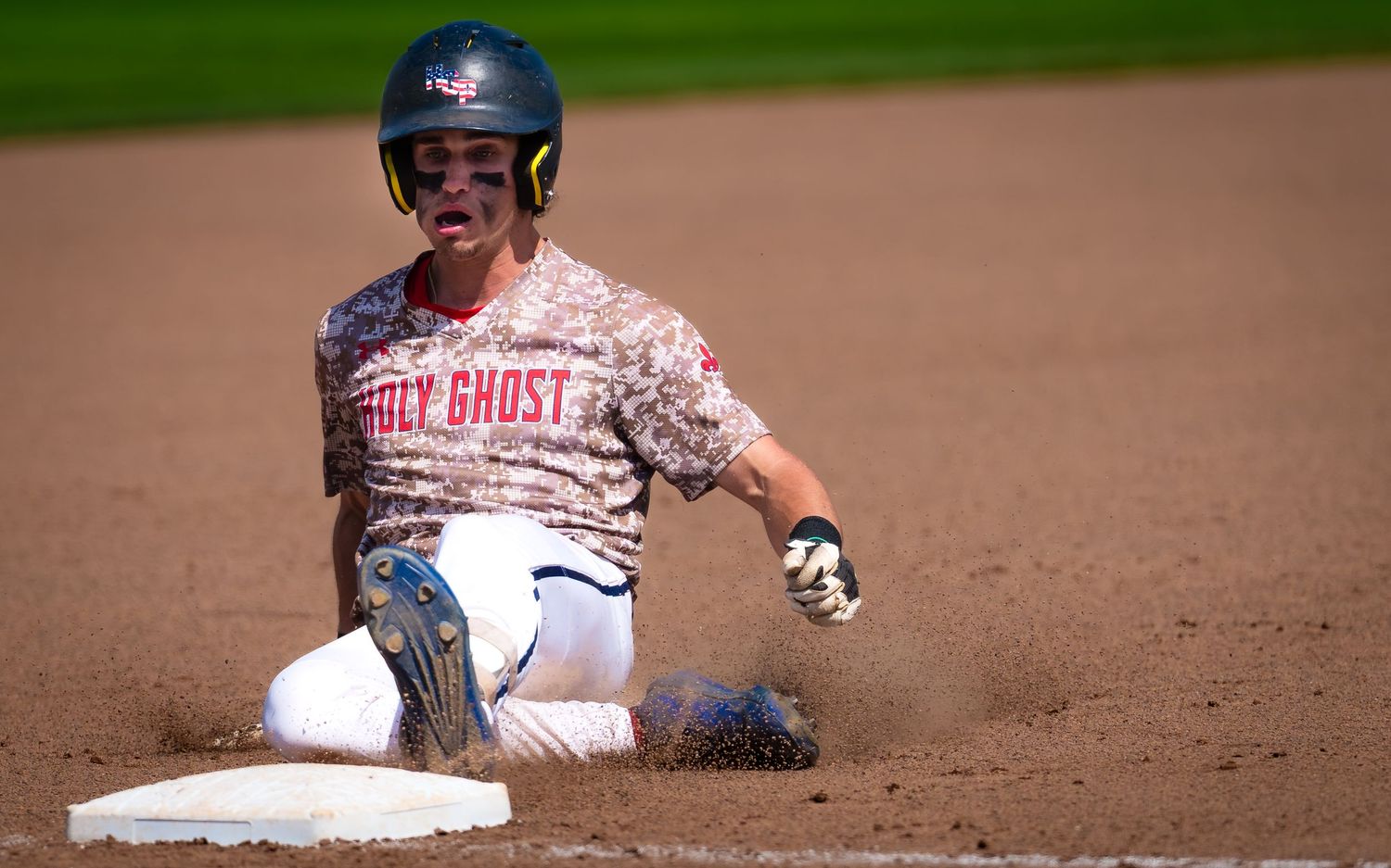 Baserunner sliding into second base at PIAA Class 4A State Baseball Championship, by Deanna Fox, SportsFox Photography, Hershey PA