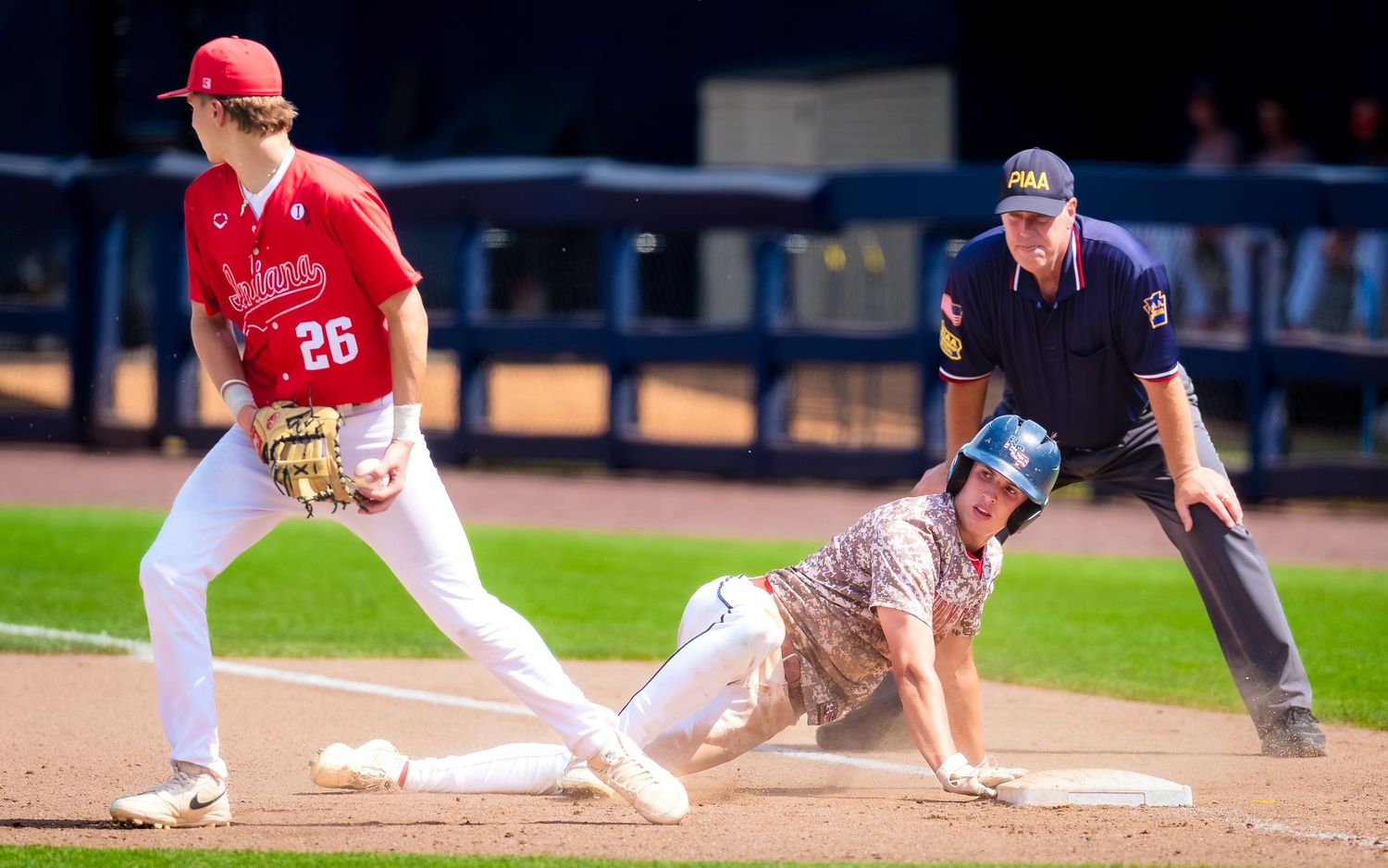 Baserunner sliding into base as infielder fields ball at PIAA 4A Baseball Championship, by Deanna Fox, SportsFox Photography, Hershey PA