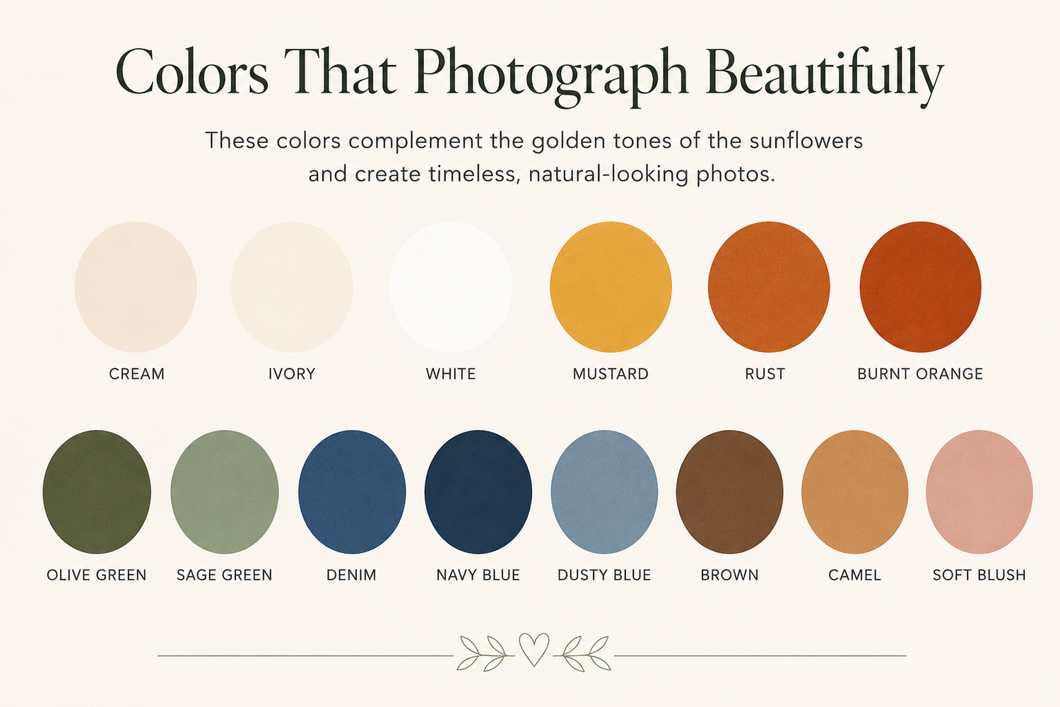 Color palette guide showing 12 photography-friendly hues including cream, mustard, rust, denim, and soft blush for sunflower photo sessions.