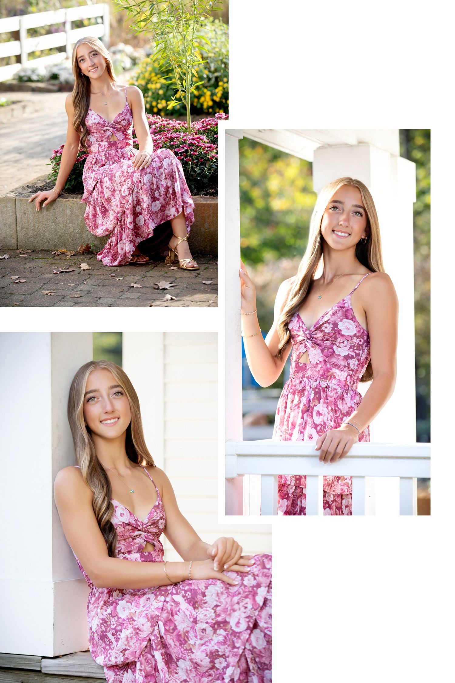 Olentangy Liberty senior session at Inniswood Gardens featuring a pink dress, white pergola, and natural garden portraits.