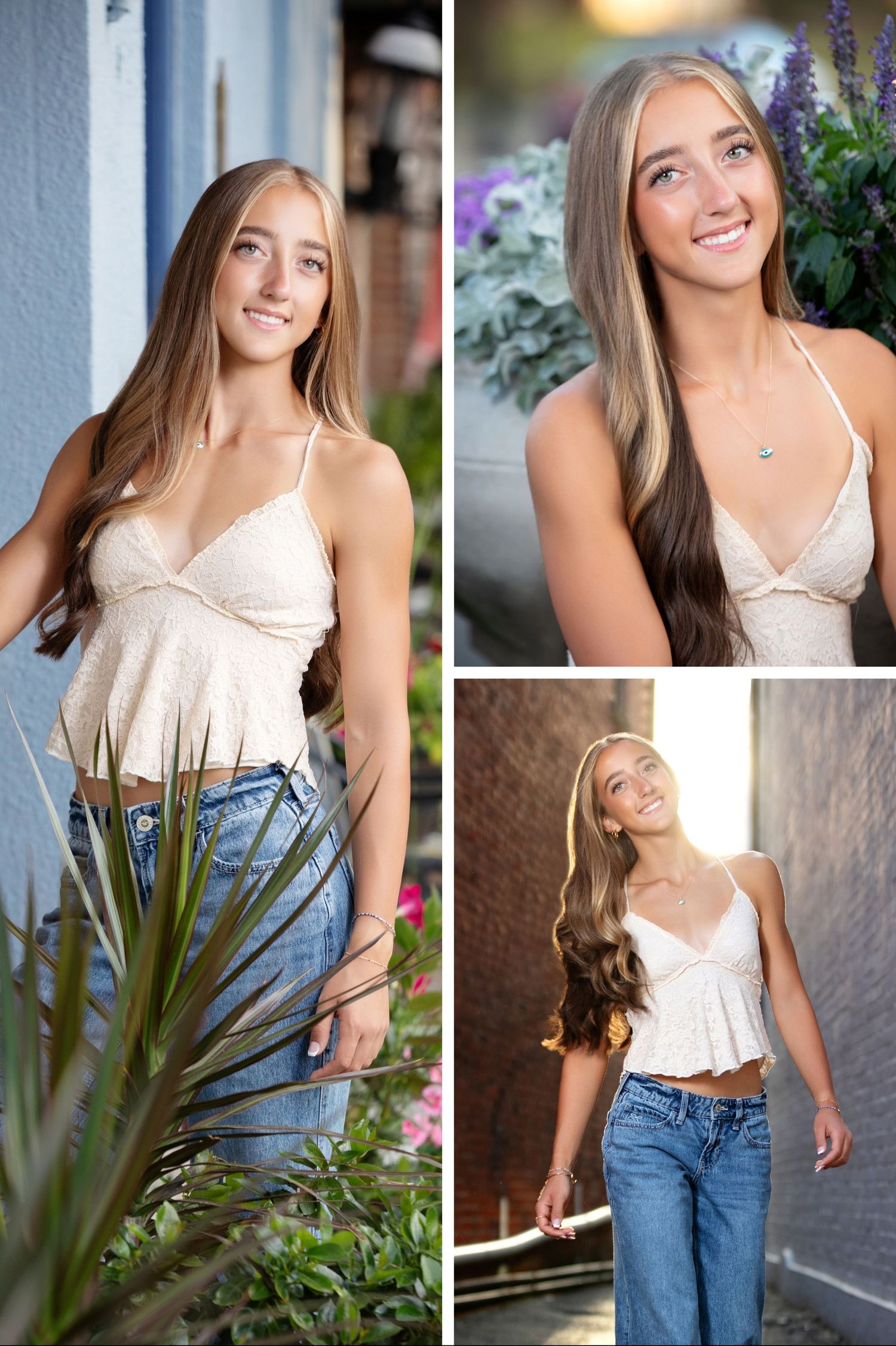 Olentangy Liberty senior photos in Uptown Westerville featuring urban alleys, flowers, and natural-light portraits.
