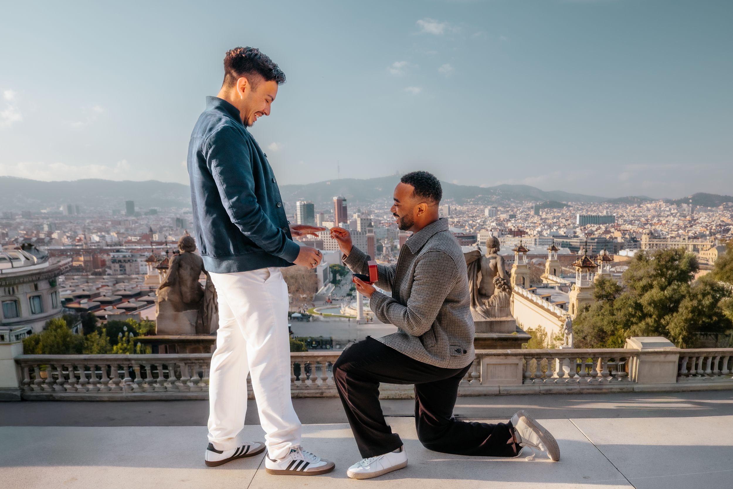 Tender sunset embrace at the top of the world view outside the National Museum in Barcelona.